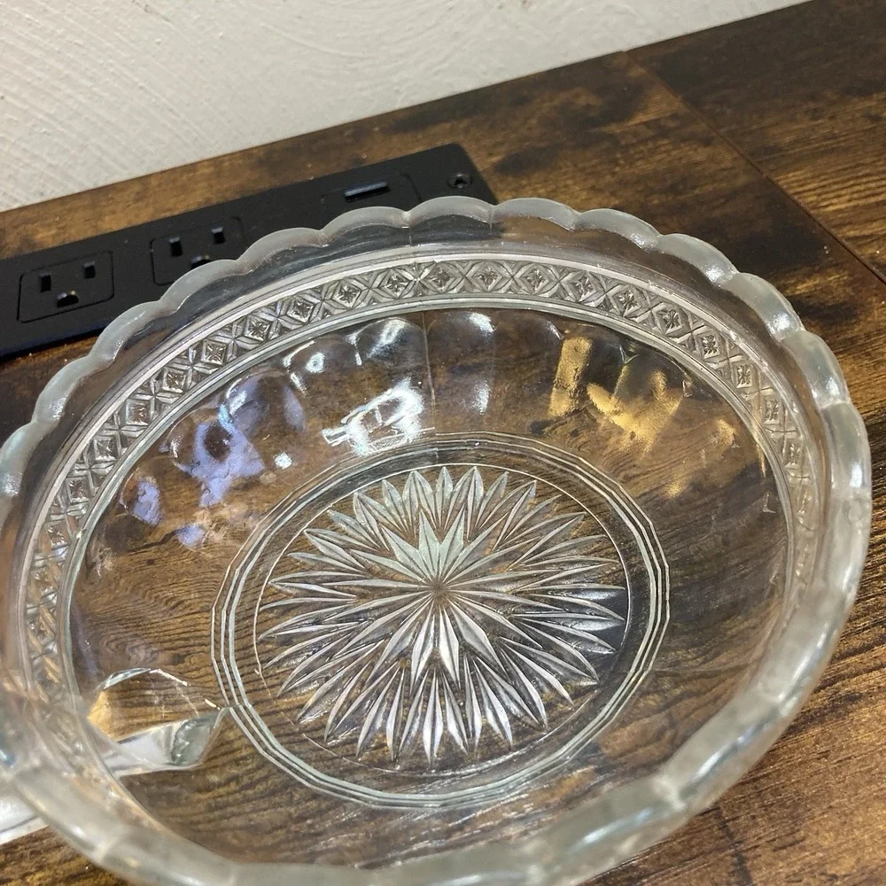 Pressed Glass Clear Handled Candy Dish Starburst Scalloped Rim